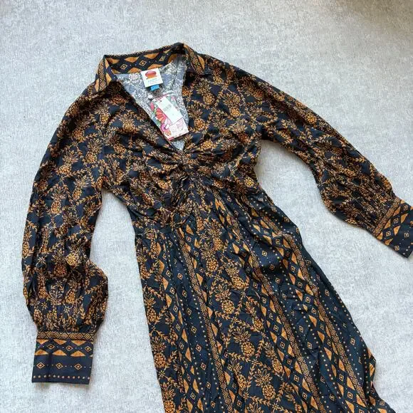 NWT Farm Rio Long Sleeve Tie Front Midi Dress - Picture 2 of 4